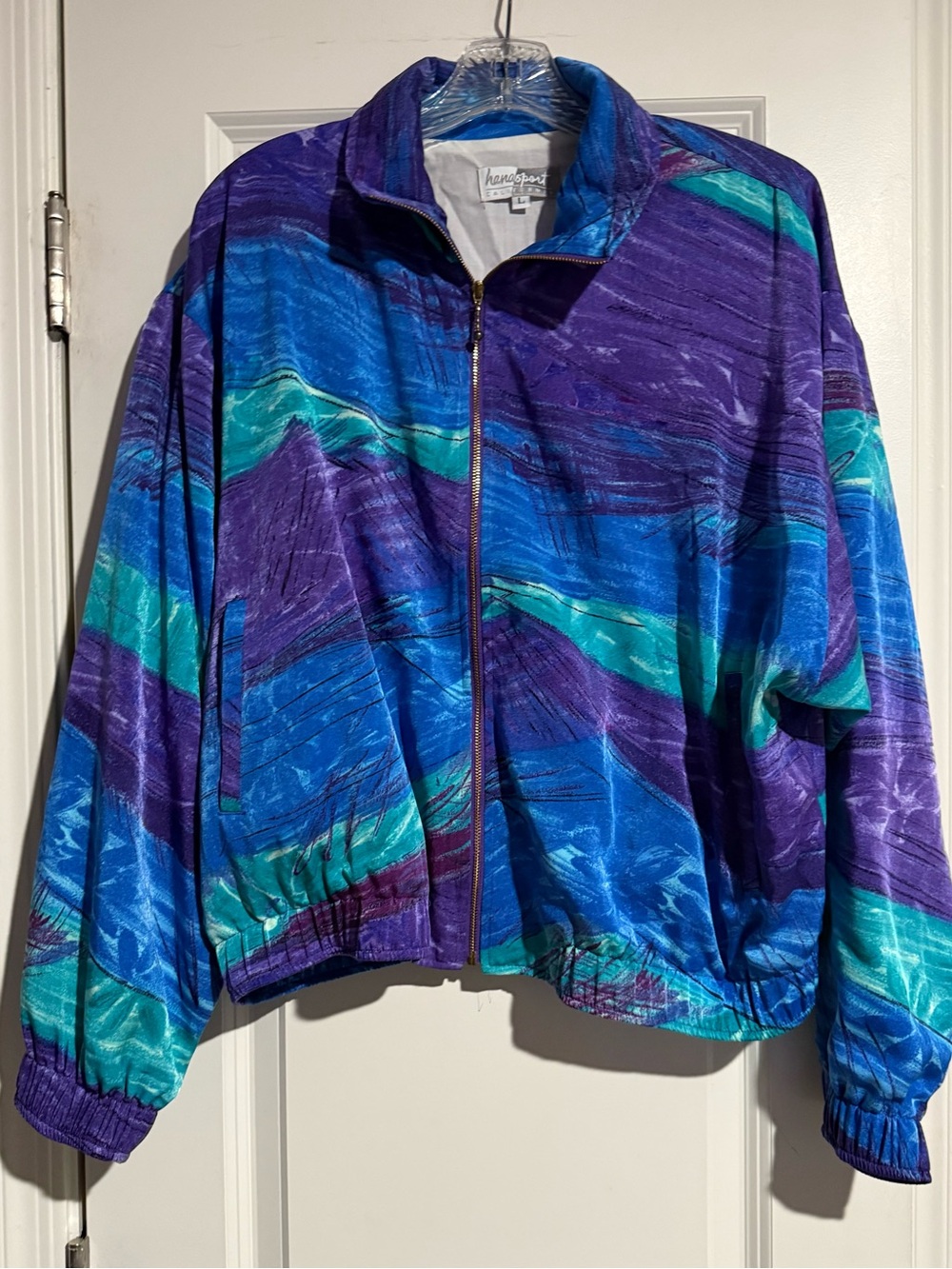 Women's Abstract Print Bomber Jacket in Purple & Teal